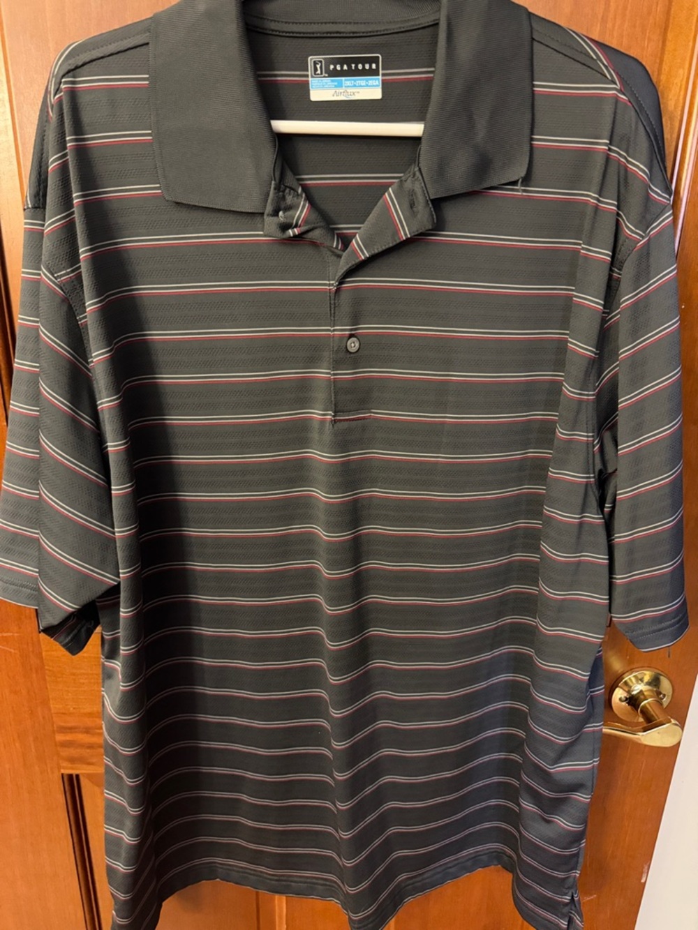 ASUS Black Polo with Thin Red and Gray Stripes